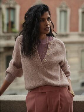 Varley Kennings Half button Knit Sweater Ginger Rose Fleck